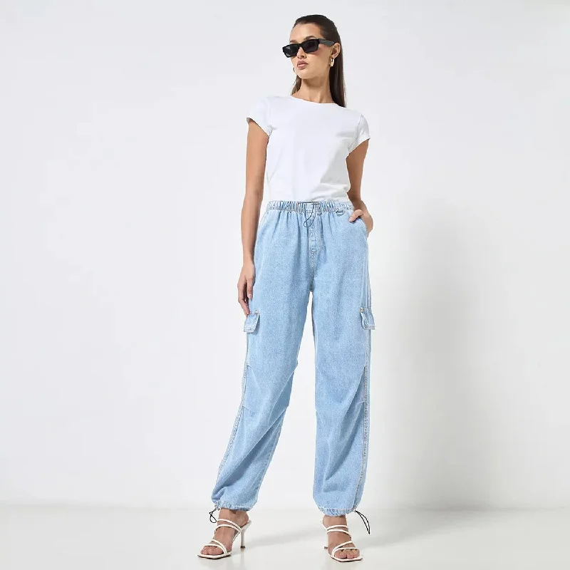 Light Blue Wide Leg Cargo Jeans Stylish Shredded Denim Jeans