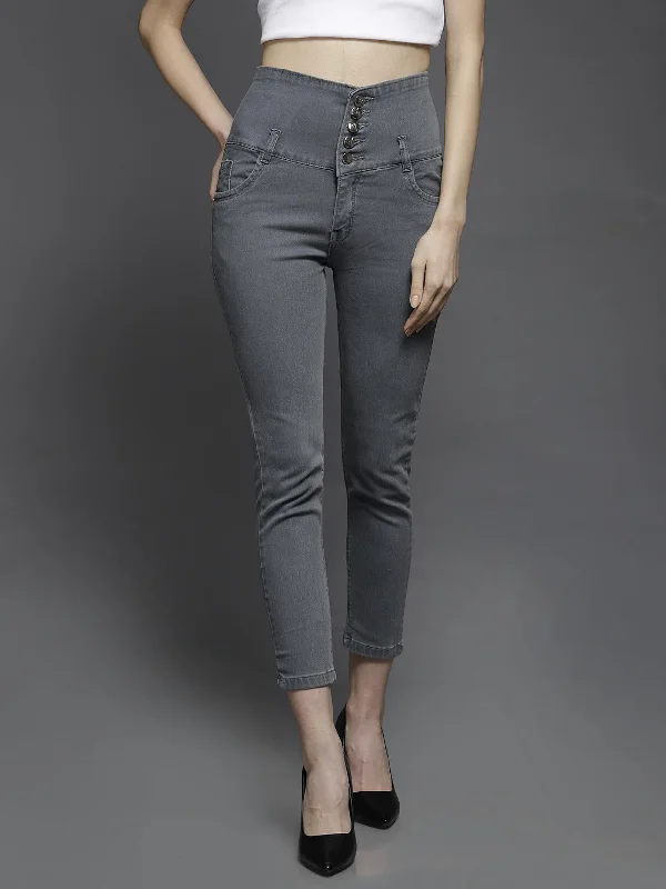 Women Regular Mid Rise Grey Jeans Cozy Stretch High-Waist Jeans