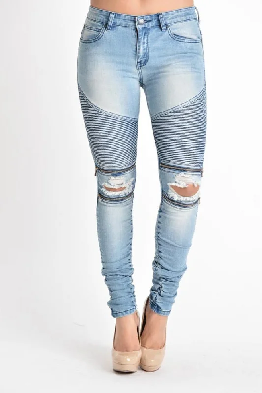 Women's Biker Style Ripped Zip Rider Jeans Comfortable Flare Leg Jeans