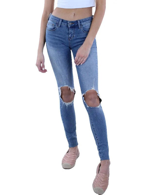 Womens Mid-Rise Distressed Skinny Jeans Stylish Paperbag Waist Denim